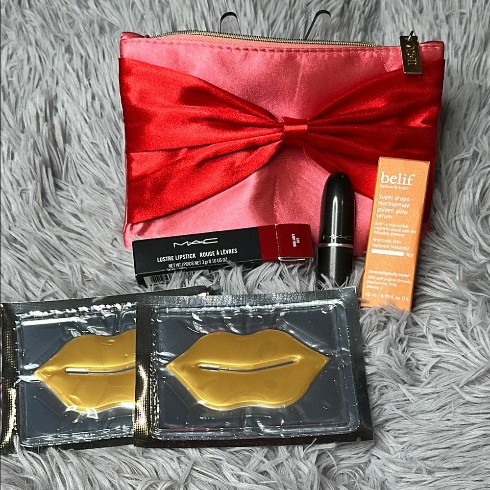 MAC LADY BUG Lustre Lipstick + Belif SUPER DROPS Vit C + Ipsy Bag + 2 Lip Masks